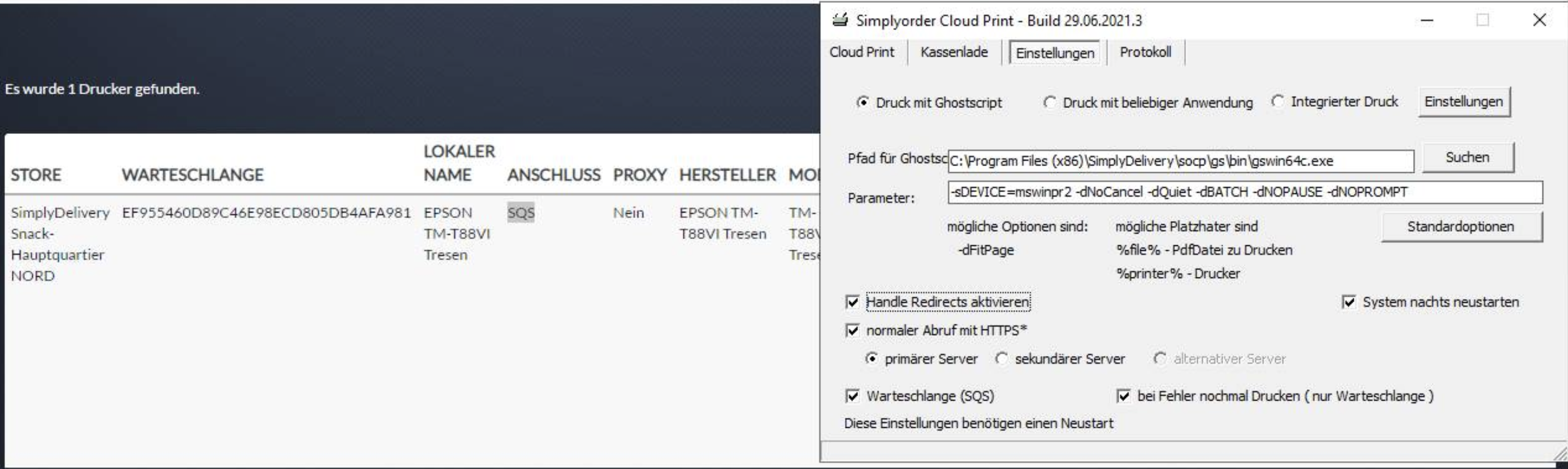 SOCP-Einstellungen mit der Option SQS