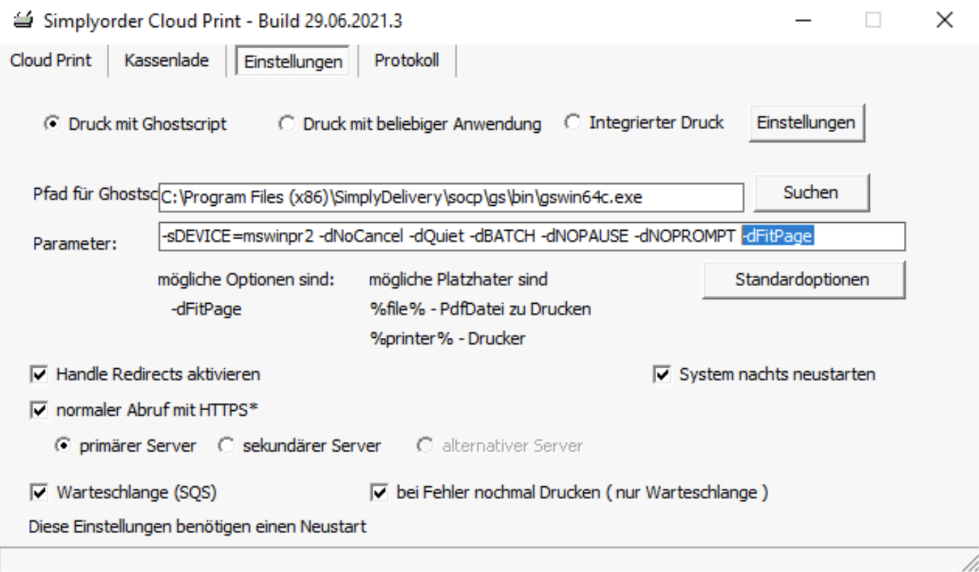 SOCP-Einstellungen mit dem Feld Parameter und der Vorlage für -dFitPage