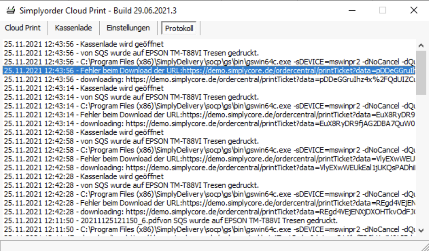SOCP-Protokoll mit dem Eintrag Fehler beim Download