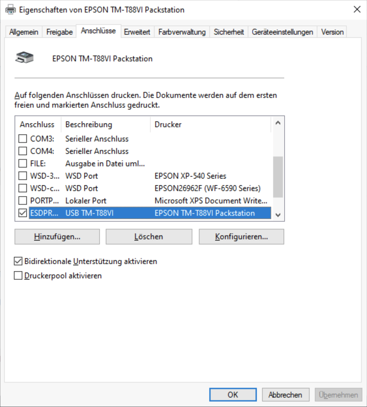 Druckereigenschaften, Registerkarte Anschlüsse mit der Liste der Ports