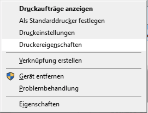 Kontextmenü eines Druckers in Windows mit dem Eintrag Druckereigenschaften