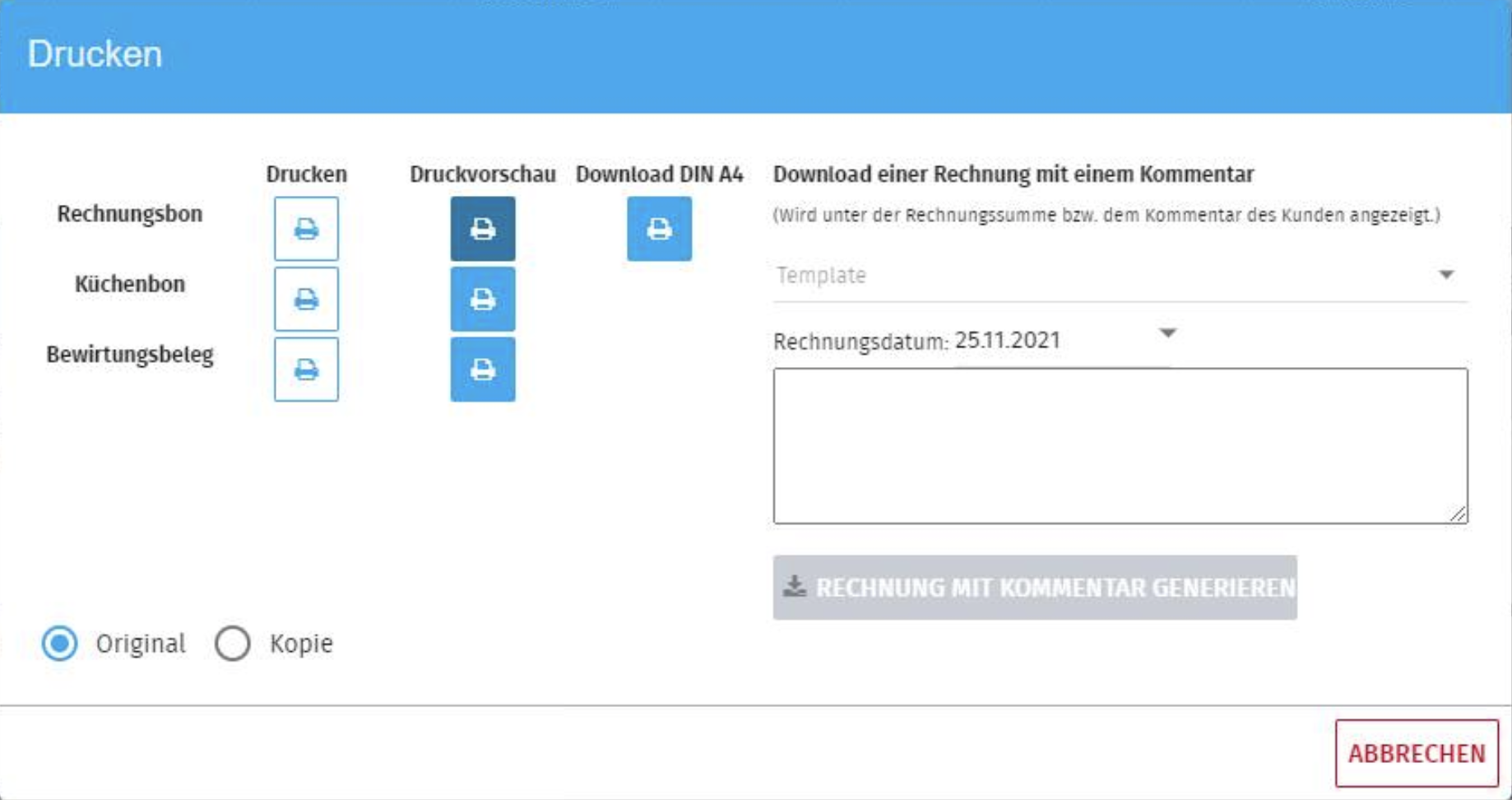 Bestellübersicht mit einer Rechnung, die als Druckvorschau geöffnet wird