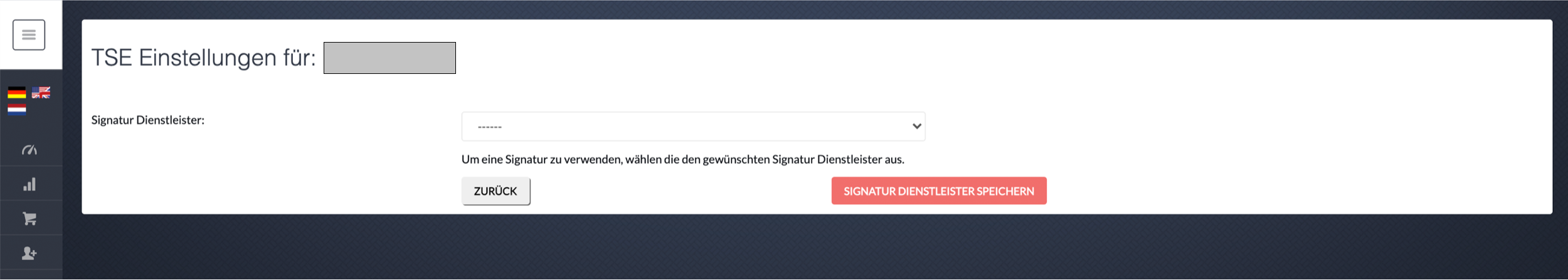 Auswahl des Signatur-Dienstleisters mit der Option Deutsche Fiskal (TSE)