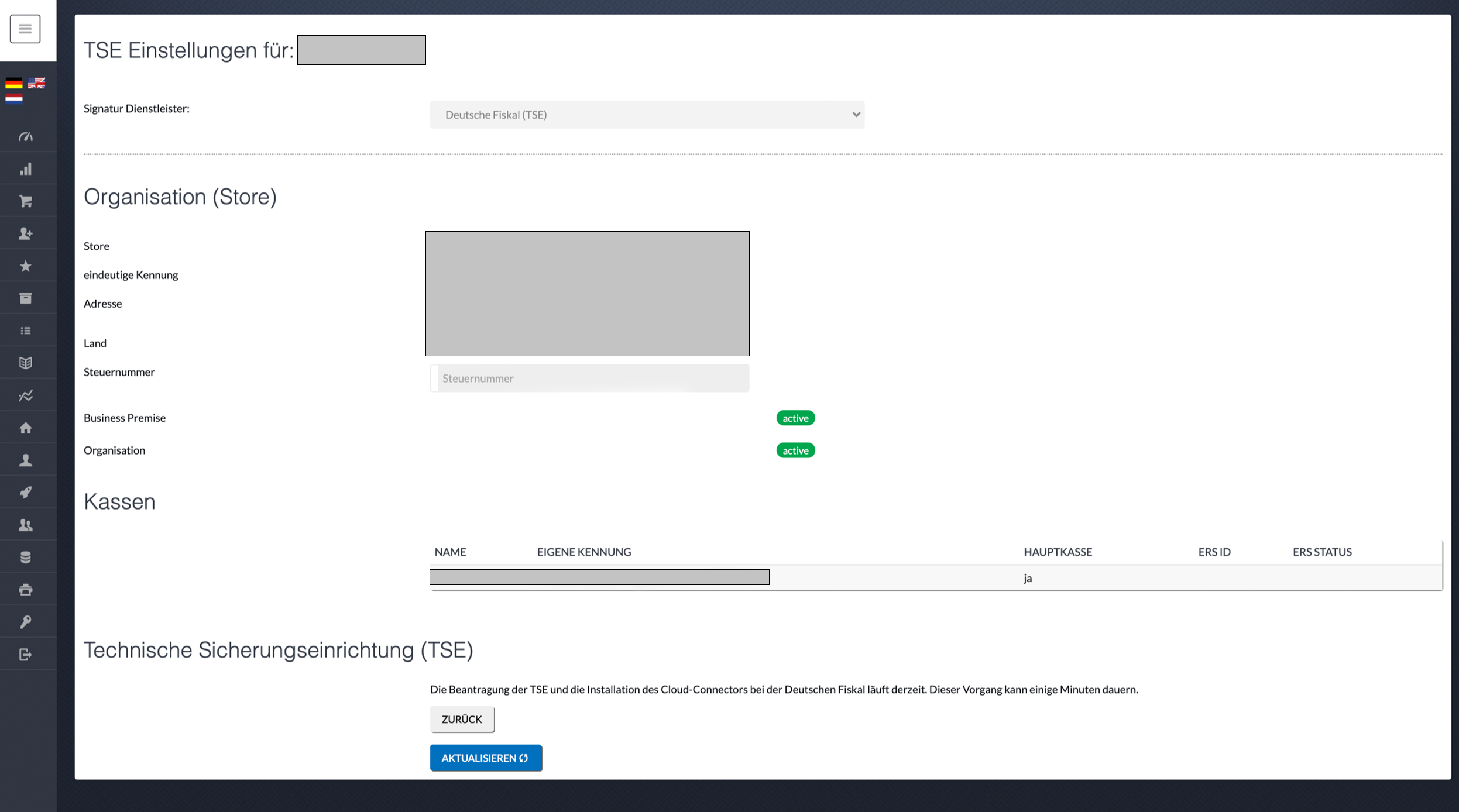 Ansicht während der TSE-Einrichtung mit Refresh-Button