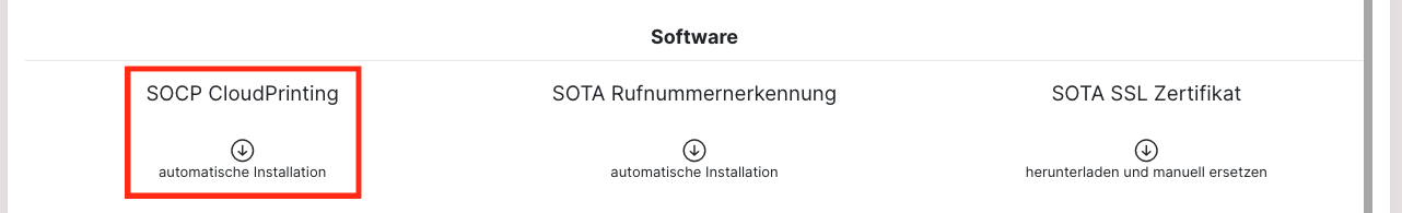 Hilfebereich, nach unten gescrollt, mit dem Eintrag SOCP Cloud Printing zum Herunterladen