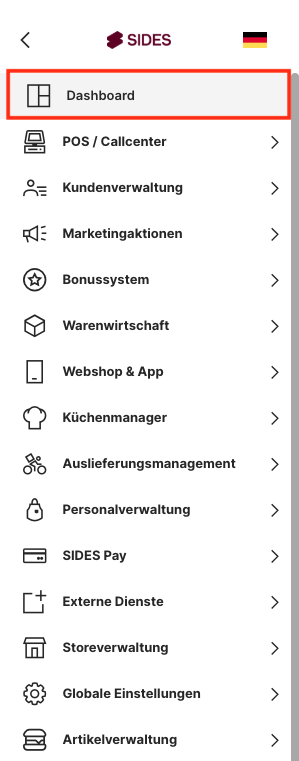 Admin-Bereich nach der Anmeldung mit dem Menüpunkt Dashboard