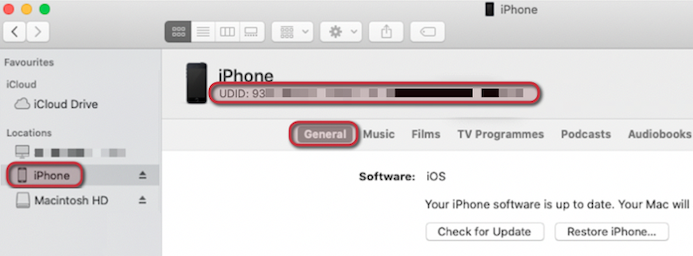 Finder auf dem Mac mit ausgewähltem iPhone, Tab Allgemein, mit den Gerätedaten unter dem Gerätenamen